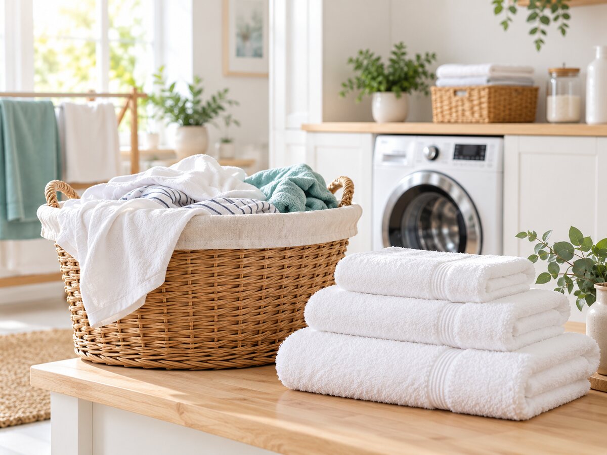 Freshly folded household laundry and towels