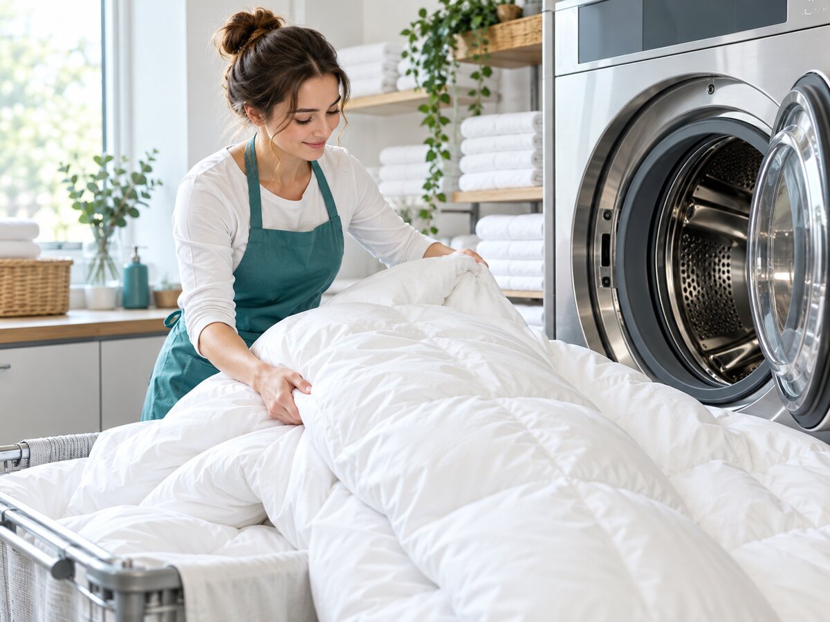 A clean white duvet being handled in a laundry room