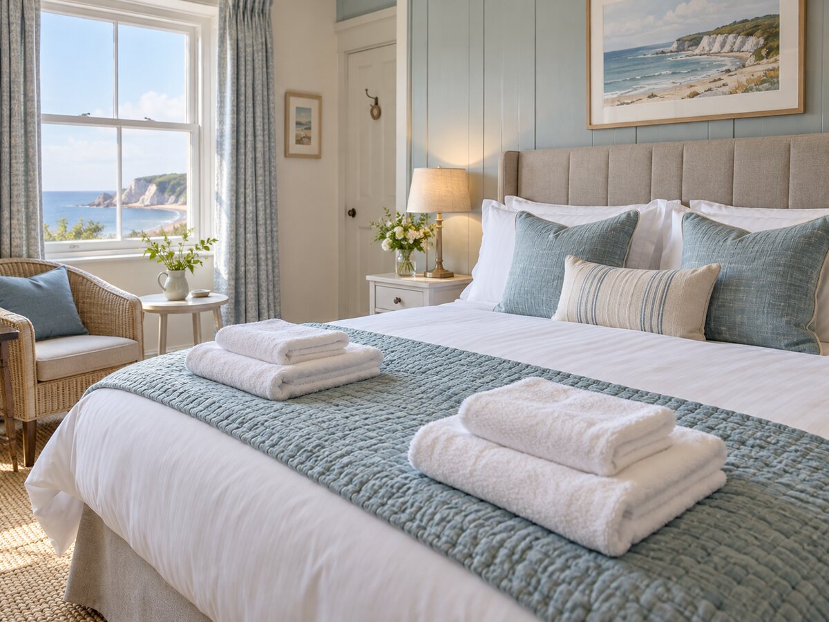 Guest bedroom prepared with clean linen and folded towels
